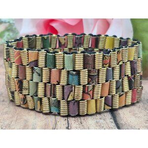 Holly Anne Mitchell jewelry Handmade Gold Tone & Newspaper Bead Stretch Bracelet